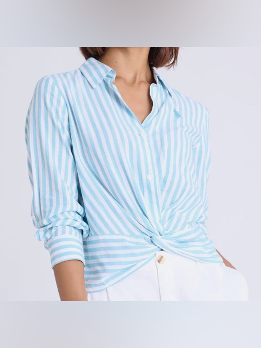 U.S. Polo Assn. Blue/AquaLong Sleeve Knotted Stripe Shirt - Size Large - Picture 2 of 5